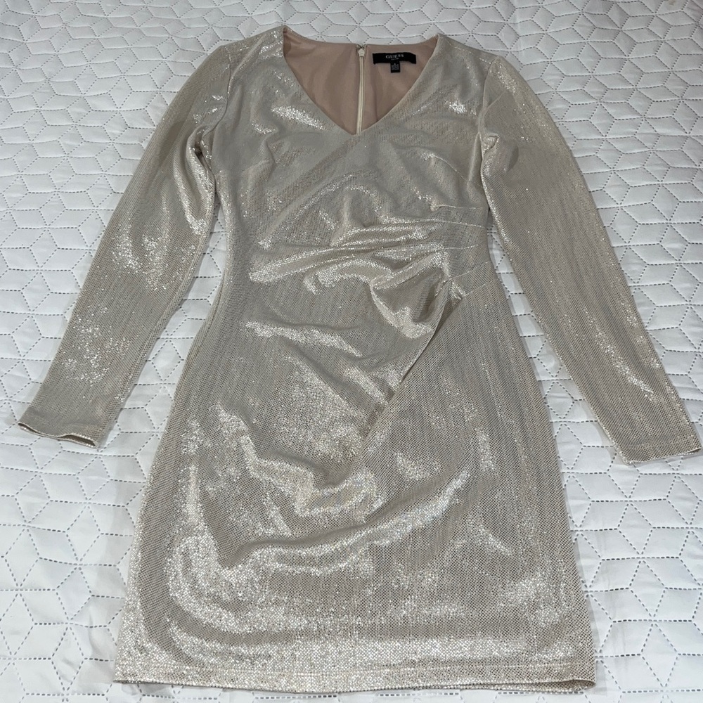 Guess Tan Beige Silver Metallic Shimmer Long Sleeve Side Ruching Party Dress - Picture 2 of 12